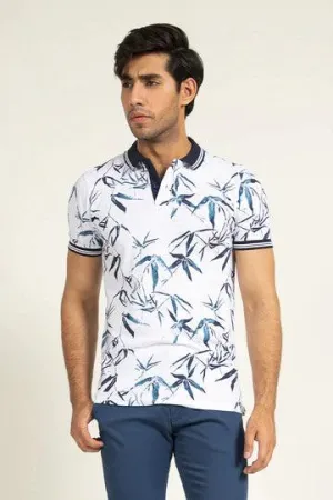 White Contrast Collar Printed Polo