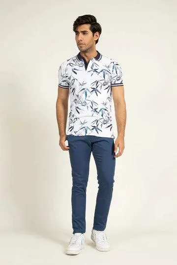 White Contrast Collar Printed Polo